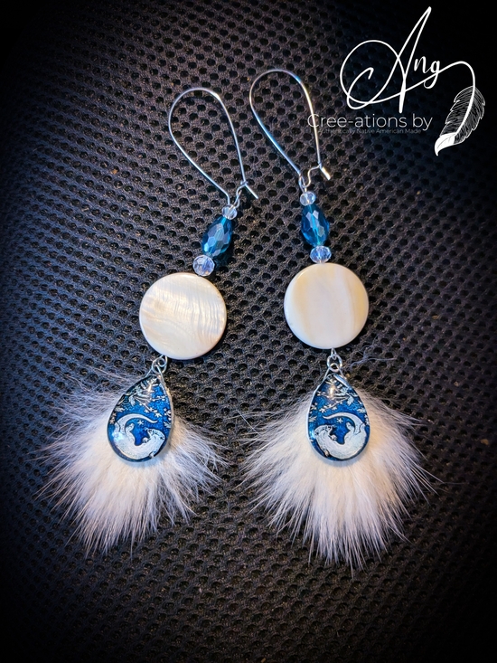 Native American Jewelry - Indigenous White Fur Earrings With Otter Art & Mother-of-Pearl Discs